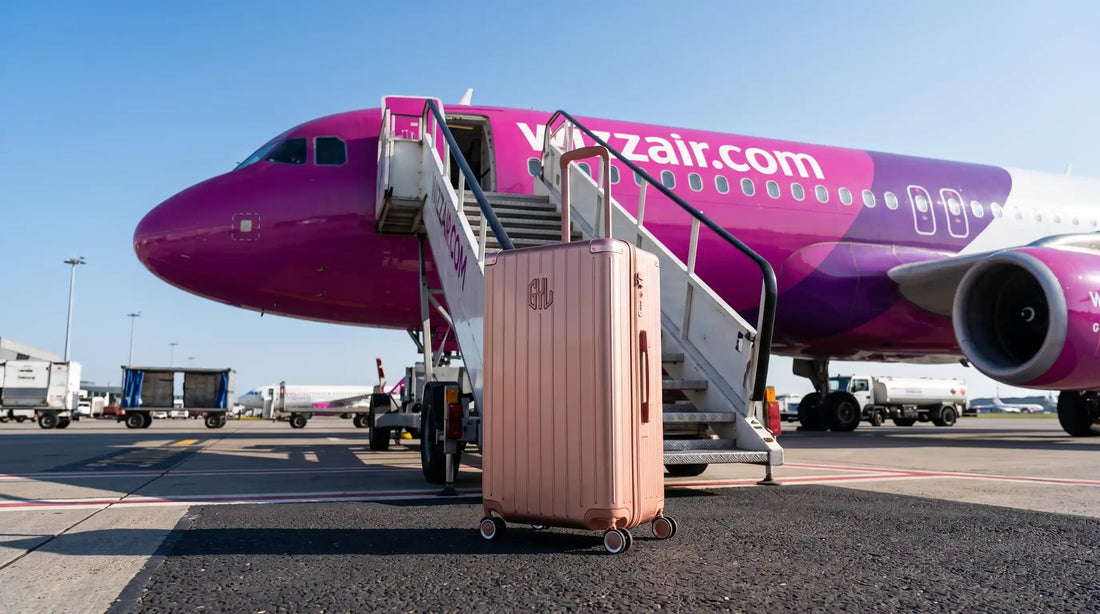 Valise cabine GYL rose gold sur le tarmac au pied d'un avion Wizz Air