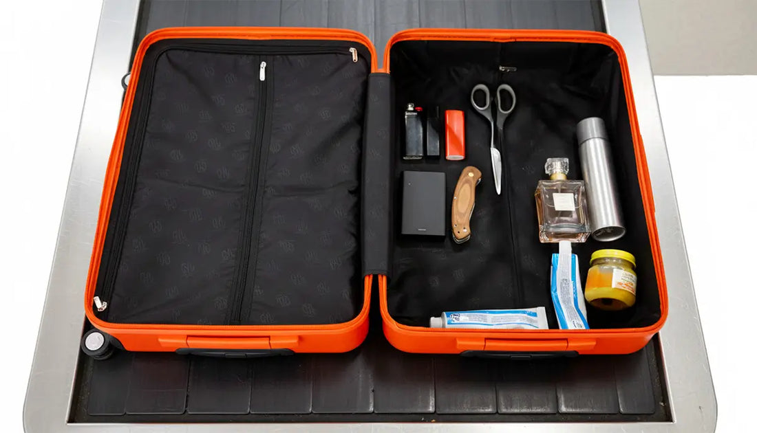 valise orange ouverte sur le tapis de contrôle de sécurité d’aéroport contenant des objets interdits en bagage cabine comme des ciseaux, un briquet, un couteau, un parfum, une batterie externe, un dentifrice et un petit pot bébé