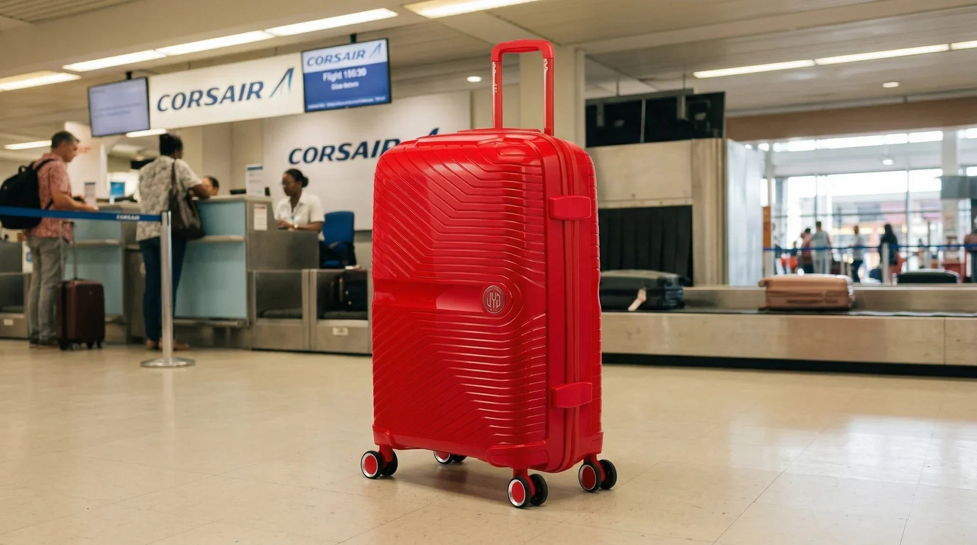 valise cabine rigide rouge dans un aéroport au comptoir d'enregistrement Corsair