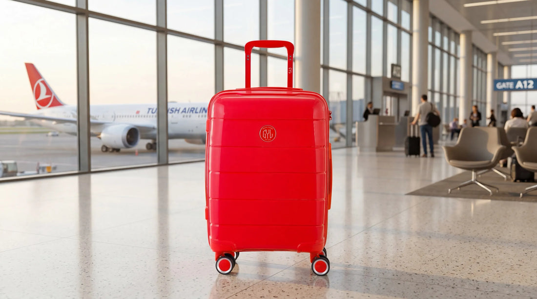 Valise cabine GYL Intemporelle rouge dans un terminal d'aéroport avec un avion Turkish Airlines en arrière-plan