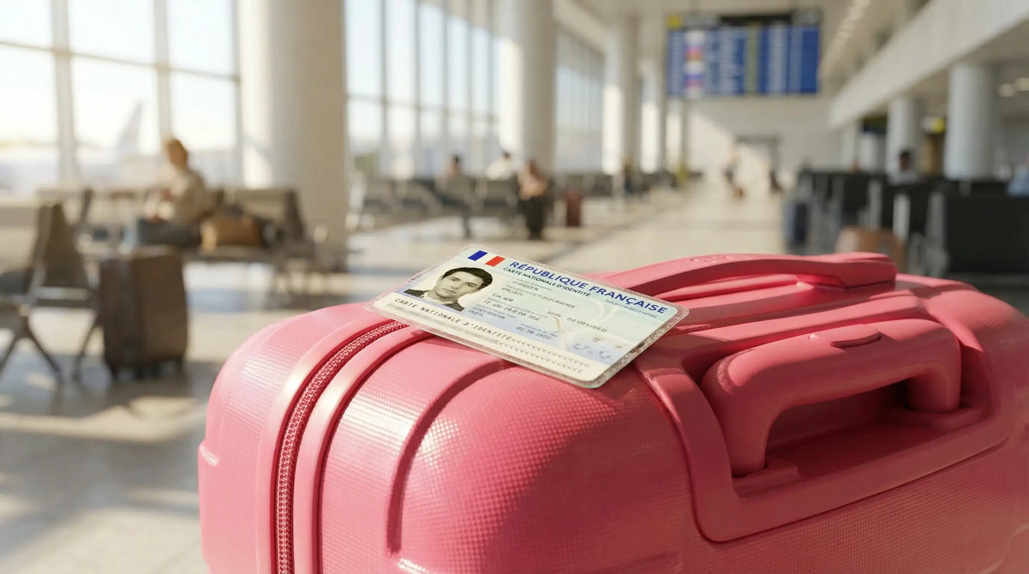 Carte d'identité française posée naturellement sur une valise rose dans un décor de voyage lumineux