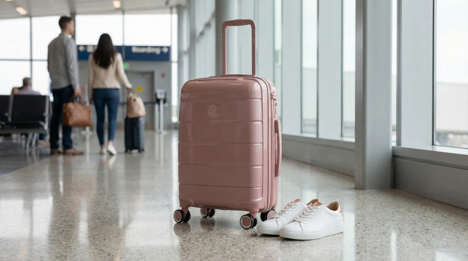 Valise cabine rose GYL avec logo central visible dans un aéroport et une paire de chaussures à côté