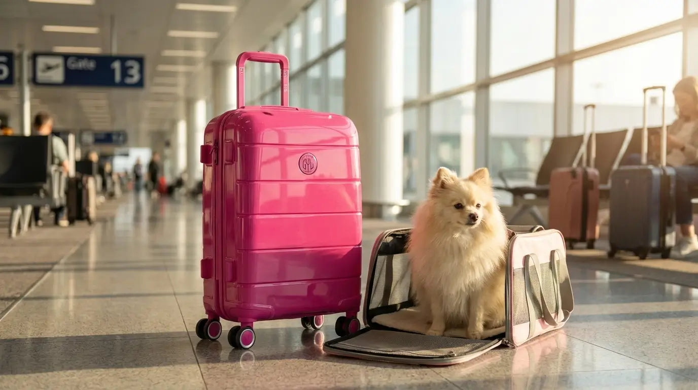 Chien Spitz assis dans son sac de transport à côté d’une valise cabine GYL rose dans un aéroport, prêt pour un voyage en avion.