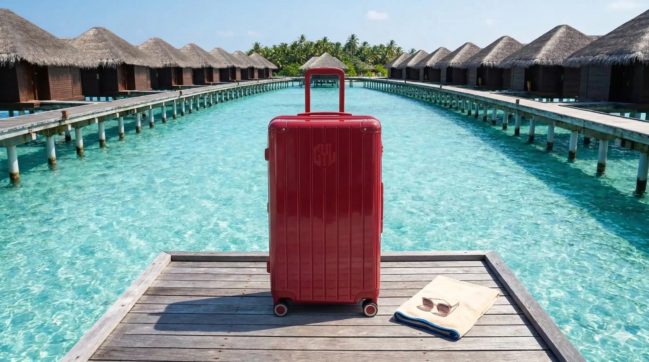 Valise GYL XL en polycarbonate rouge foncé posée sur un ponton en bois aux Maldives, avec vue sur l'eau turquoise et des bungalows sur pilotis en arrière-plan.