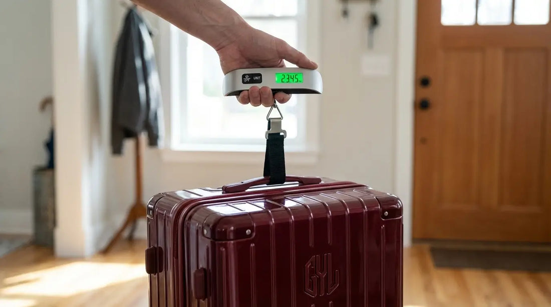 Main utilisant un pèse-bagage numérique pour peser une valise rigide GYL bordeaux à domicile.