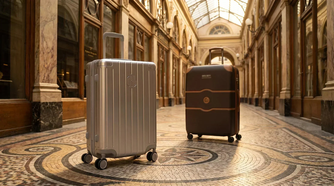 Valise GYL Cabine Intemporelle argent comparée à la Delsey Chatelet Air 2.0 chocolat dans la Galerie Vivienne à Paris