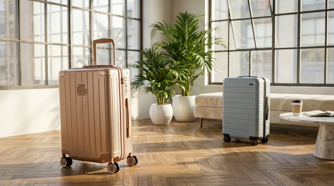 Valise GYL Cabine Intemporelle rose gold comparée à l'Away The Carry-On bleu pâle dans un loft urbain lumineux