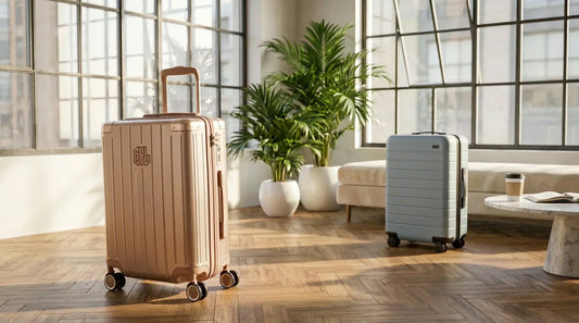 Valise GYL Cabine Intemporelle rose gold comparée à l'Away The Carry-On bleu pâle dans un loft urbain lumineux