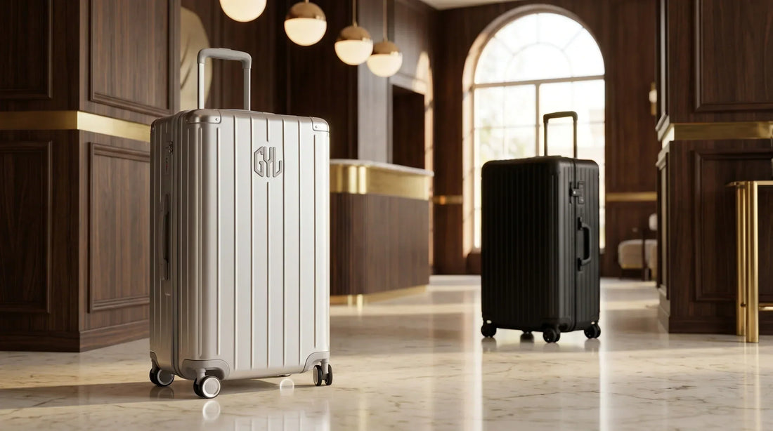 Valise GYL Trunk XL Intemporelle argent comparée au Rimowa Essential Trunk Plus noir dans un lobby d'hôtel premium
