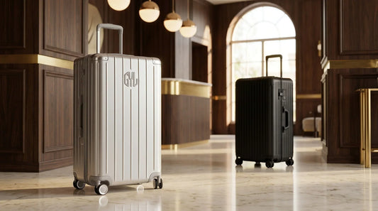 Valise GYL Trunk XL Intemporelle argent comparée au Rimowa Essential Trunk Plus noir dans un lobby d'hôtel premium