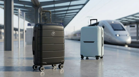 Comparatif valise GYL Cabine Citadine noir polypropylène face à la Samsonite S'Cure Spinner bleu glacier sur quai de gare