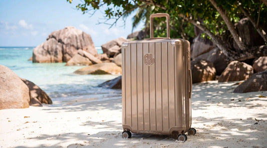 Valise rigide GYL Intemporelle champagne sur une plage de granit rose aux Seychelles