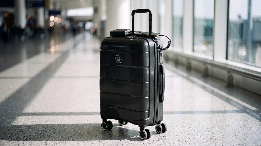 Valise cabine GYL noire avec une batterie externe et un smartphone en charge dans un aéroport