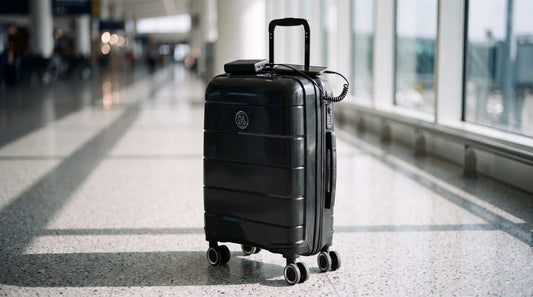 Valise cabine GYL noire avec une batterie externe et un smartphone en charge dans un aéroport