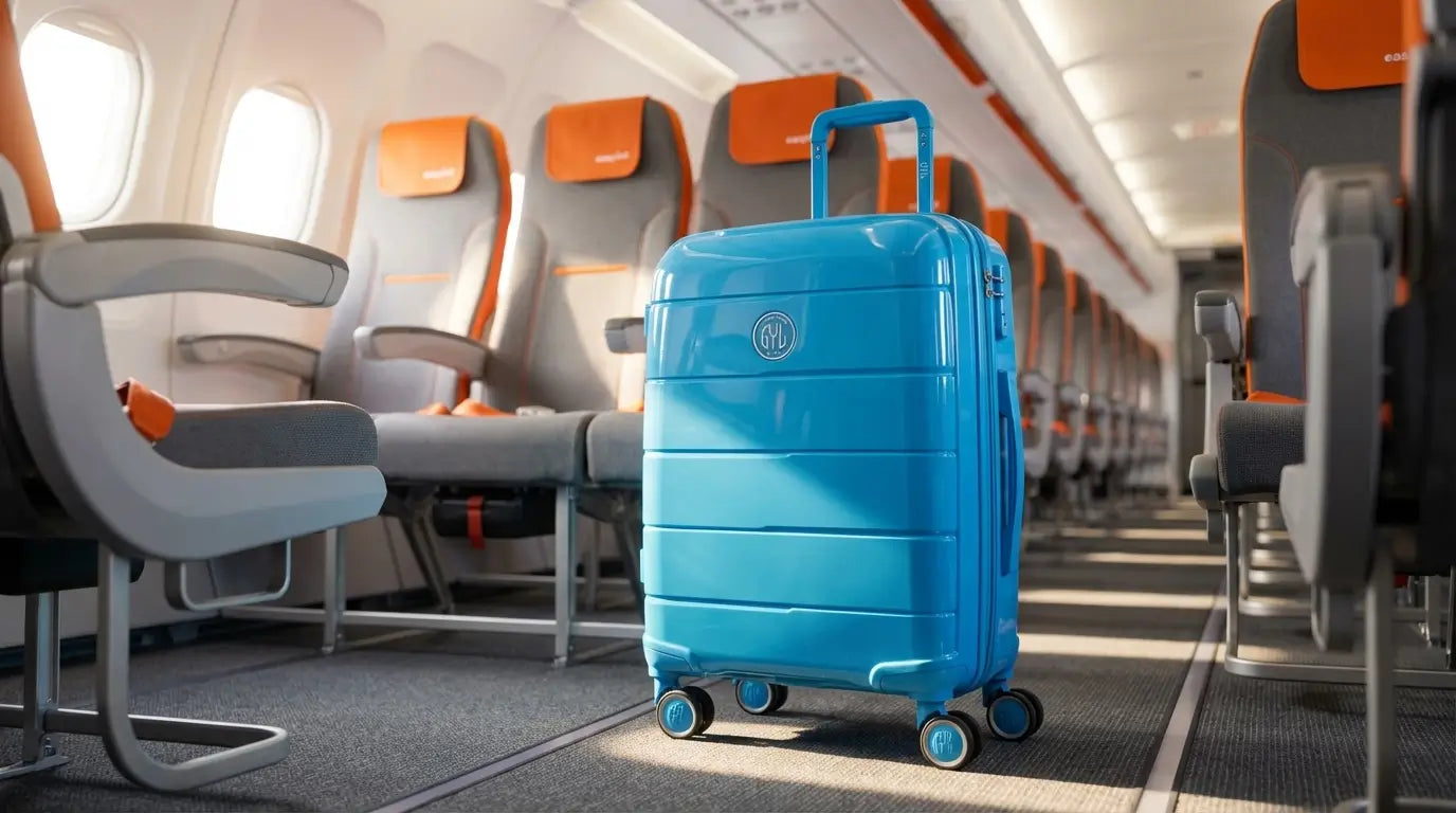 Valise cabine GYL 55 cm bleue placée dans le couloir d’un avion easyJet, conforme aux dimensions autorisées pour le bagage cabine.