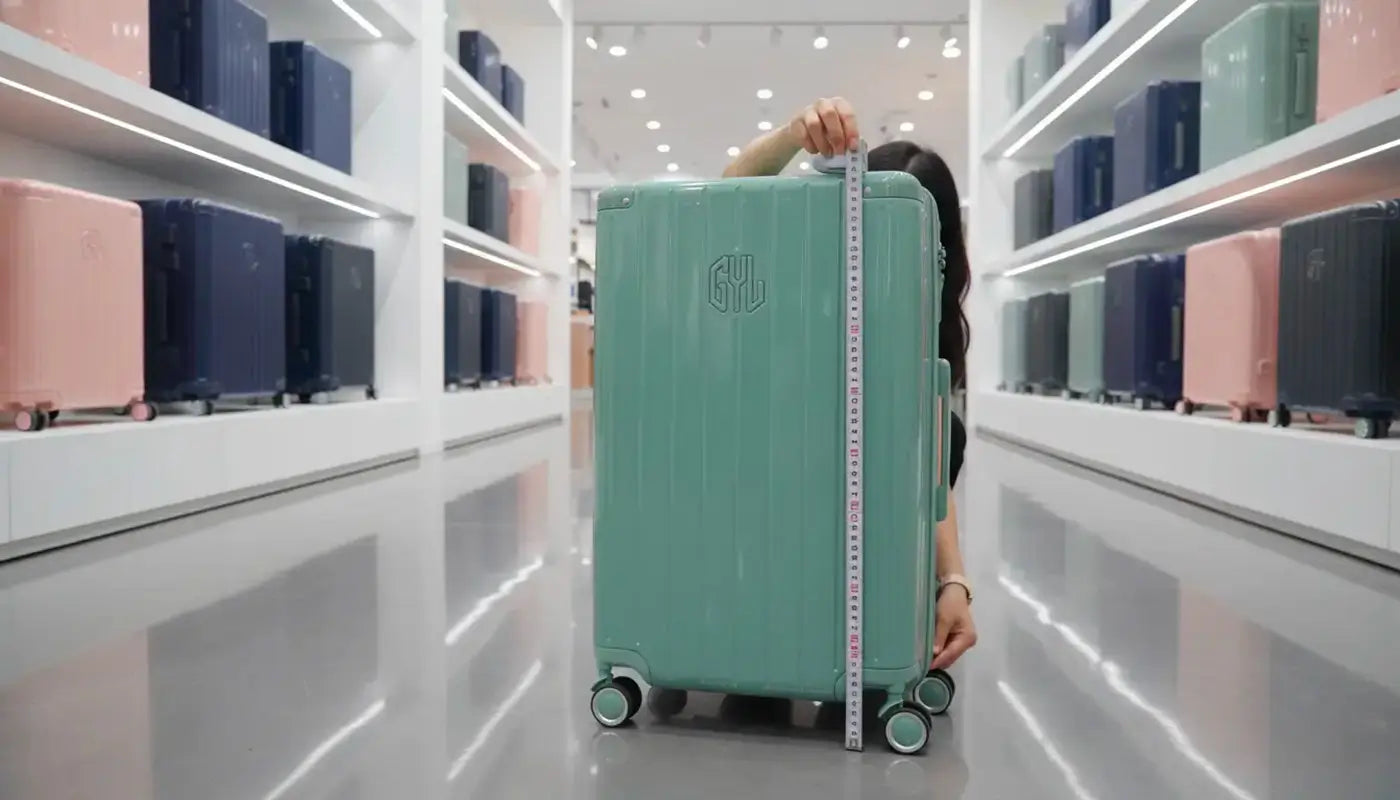 Personne mesurant une valise rigide GYL vert menthe dans un magasin de bagages, avec un mètre vertical pour indiquer la hauteur.