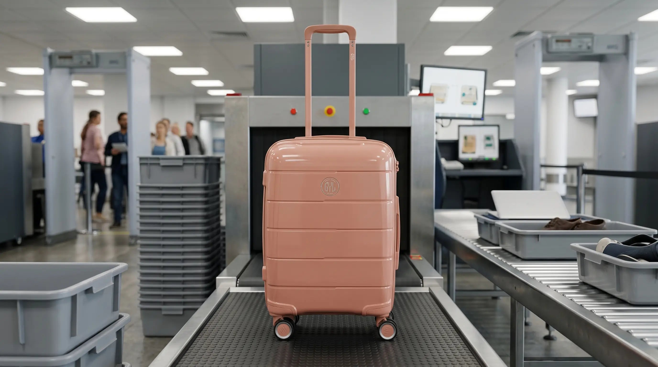 Valise cabine GYL sur le tapis du contrôle de sécurité aéroport avec scanner à rayons X