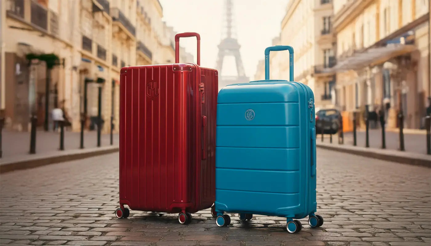 Deux valises GYL rouges et bleues posées sur une rue pavée à Paris, avec la Tour Eiffel en arrière-plan, illustrant la collection de bagages élégants et durables de la marque française.