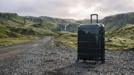 Valise GYL Citadine vert sapin sur une route de gravier en Islande en août