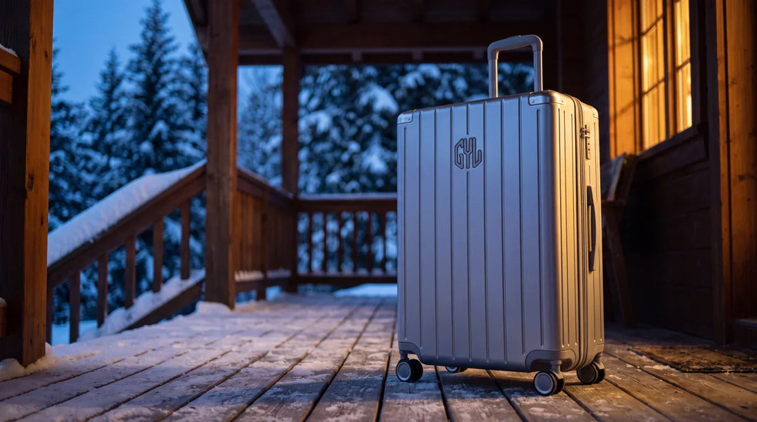 Valise GYL Intemporelle argent sur la terrasse enneigée d'un chalet en décembre