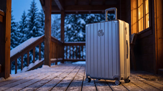 Valise GYL Intemporelle argent sur la terrasse enneigée d'un chalet en décembre