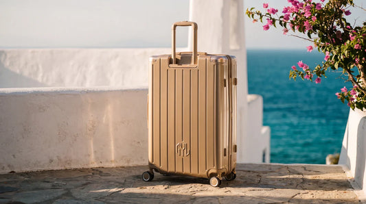 Valise GYL Intemporelle champagne sur une terrasse en pierre face à la mer Égée en septembre