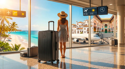 Valise trunk noire GYL dans un hall d'aéroport, accompagnant une voyageuse de dos qui observe une plage tropicale pour ses vacances d'avril.