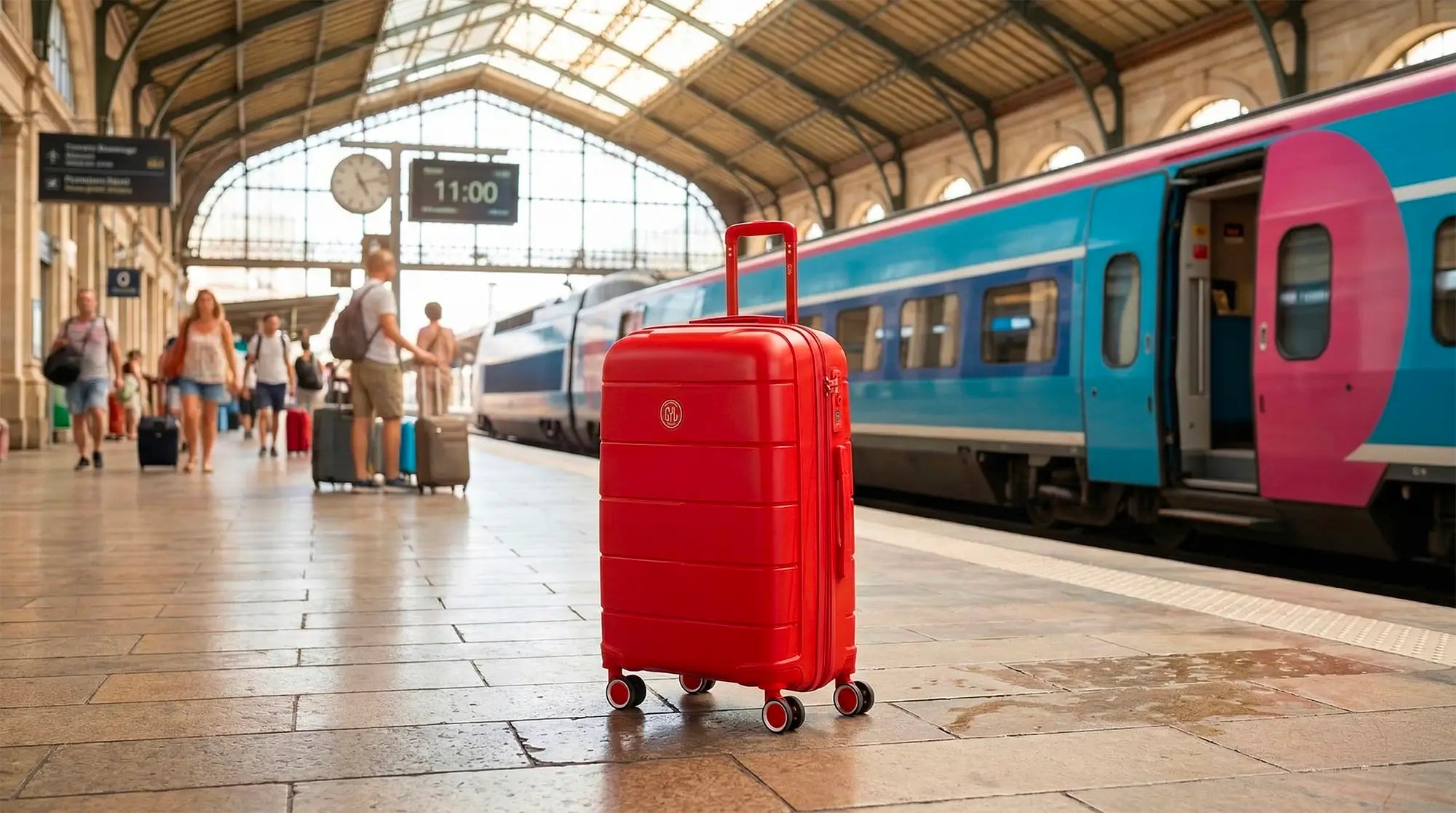 Valise cabine rigide rouge GYL sur un quai de gare à côté d'un train Ouigo.