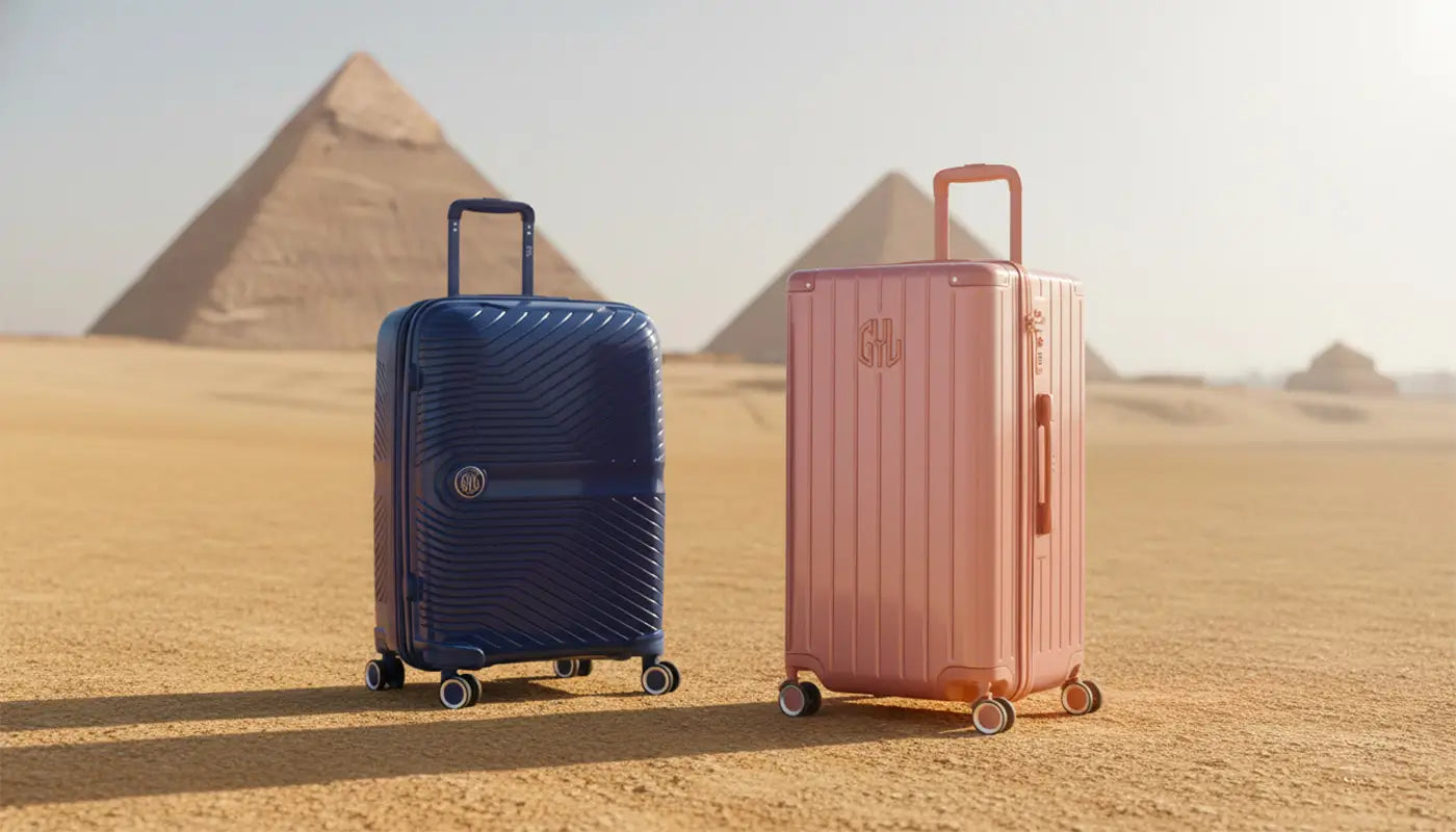 Deux valises GYL posées dans le désert devant les pyramides d’Égypte, symbolisant le voyage léger et les destinations à visiter en 2025-2026.