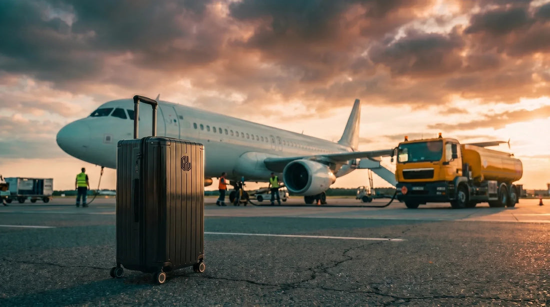 Valise cabine GYL Trunk XL noire sur tarmac d'aéroport avec avion commercial ravitaillé en kérosène par camion-citerne, illustration de la crise du jet A-1 en 2026