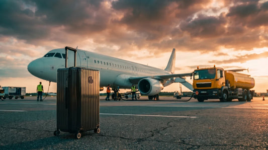 Valise cabine GYL Trunk XL noire sur tarmac d'aéroport avec avion commercial ravitaillé en kérosène par camion-citerne, illustration de la crise du jet A-1 en 2026