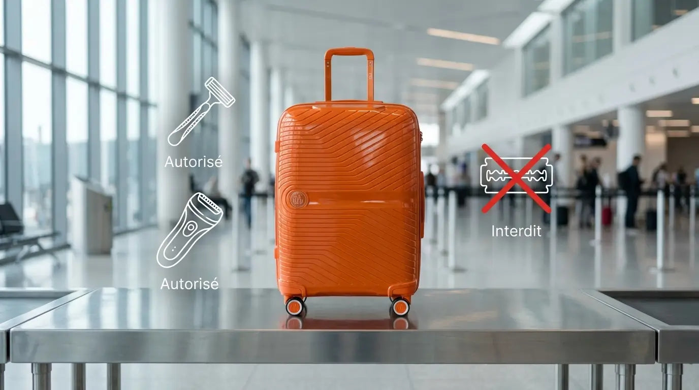 Valise cabine GYL Signature orange posée au contrôle de sécurité d’un aéroport, entourée de pictogrammes indiquant les rasoirs autorisés en cabine et les lames interdites.