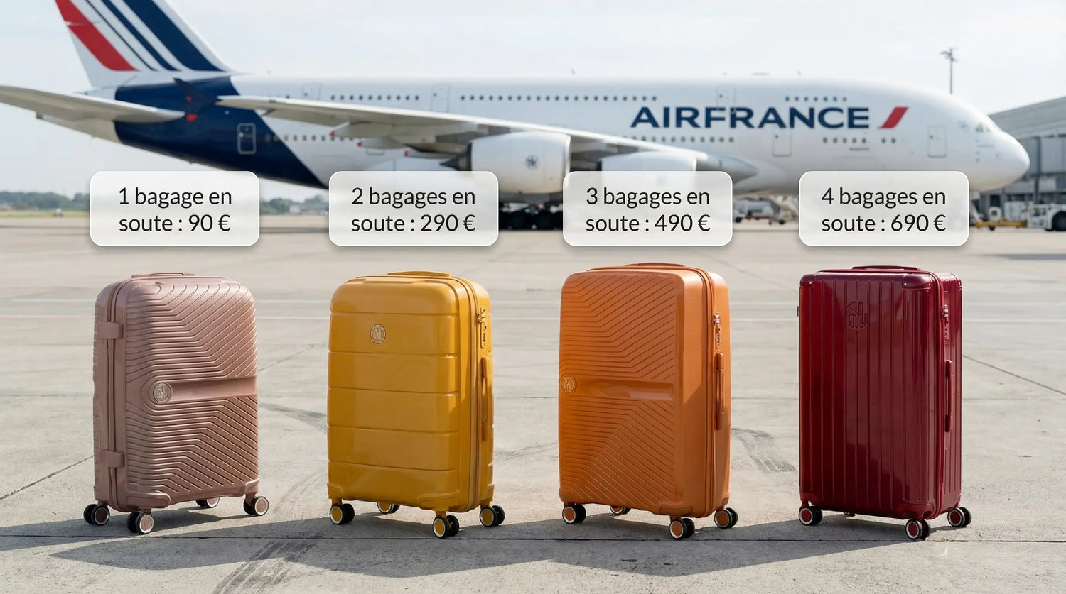 Tarifs des bagages en soute Air France avec un avion A380 en arrière-plan et quatre valises GYL illustrant le prix d’un à quatre bagages de 23 kg