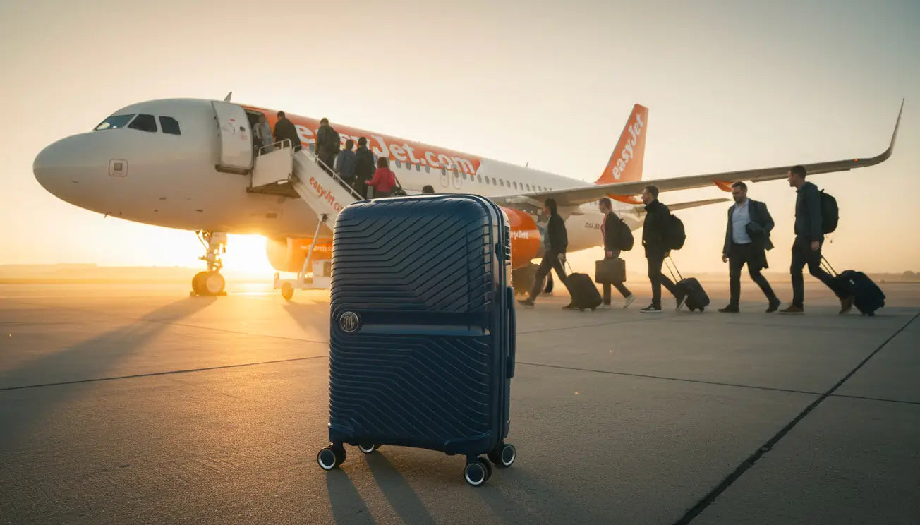 Valise cabine GYL devant un avion EasyJet au lever du soleil, illustrant les dimensions autorisées pour les bagages cabine.