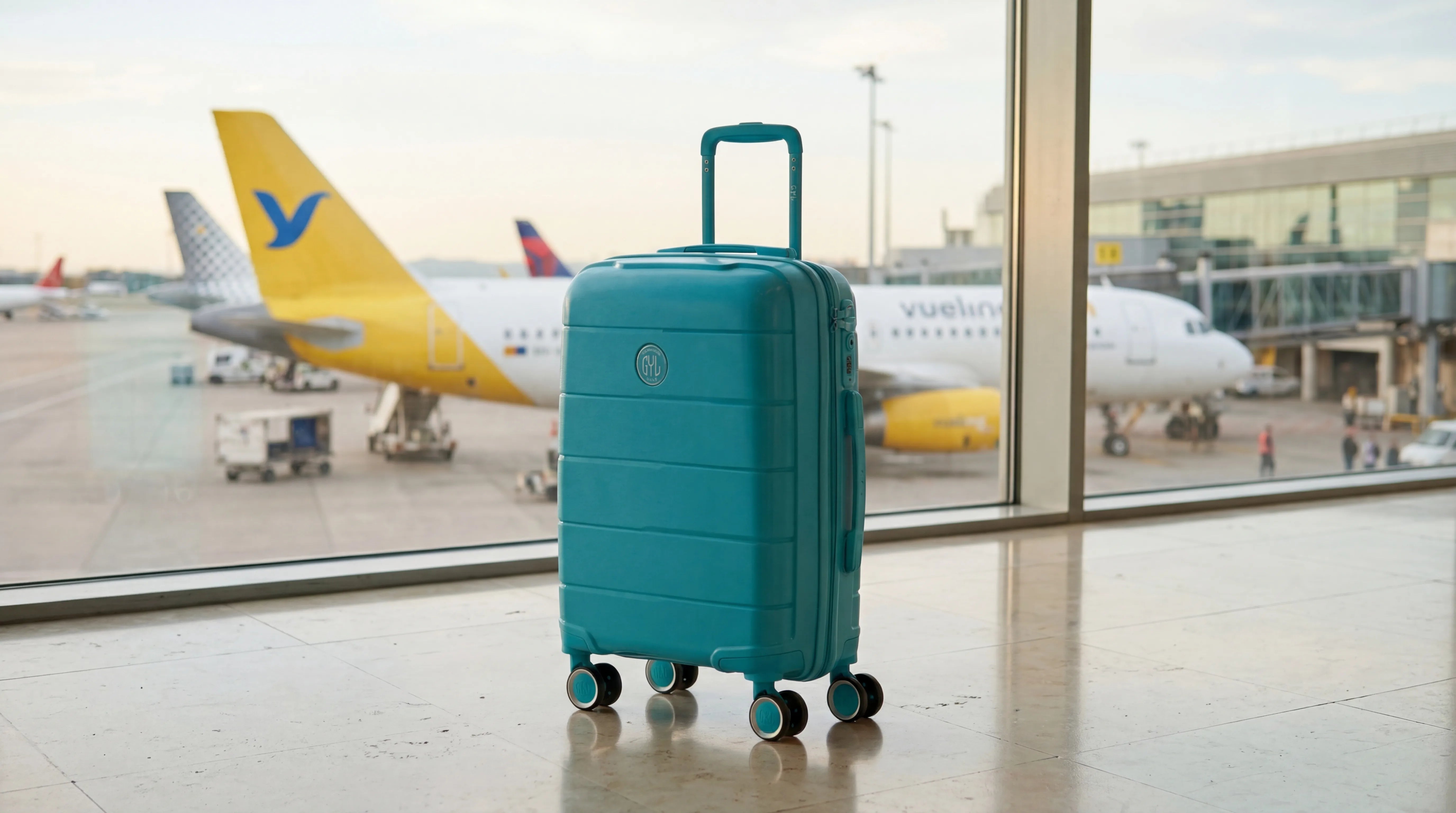 Valise cabine rigide GYL menthe dans un terminal d'aéroport, avec un avion Vueling visible en arrière-plan