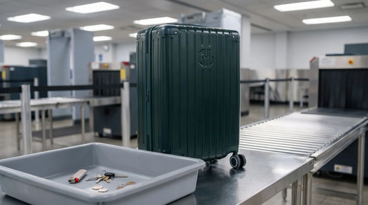 Bac de contrôle de sécurité avec briquet, clés et pièces devant une valise GYL vert sapin au poste d'inspection