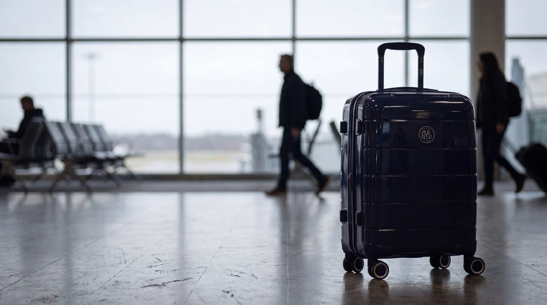 Valise cabine GYL Citadine bleu marine dans une allée de terminal d'aéroport