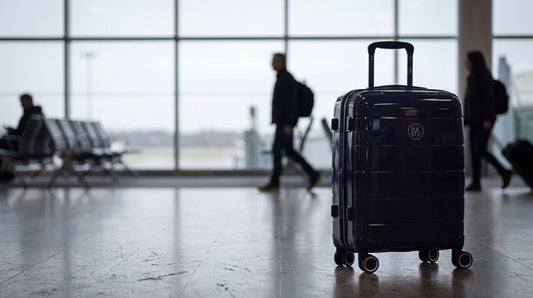 Valise cabine GYL Citadine bleu marine dans une allée de terminal d'aéroport