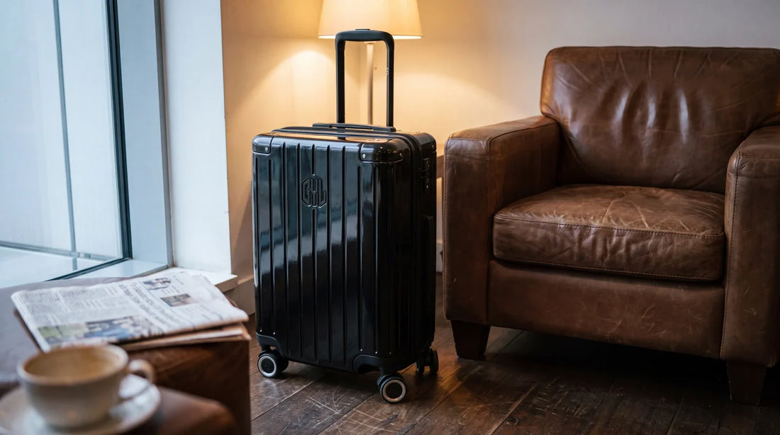 Valise cabine GYL Intemporelle noire dans un salon d'aéroport à Londres