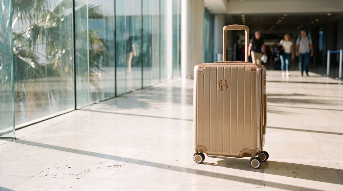 Valise cabine GYL Intemporelle champagne dans un hall d'aéroport ensoleillé