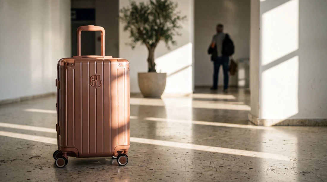 Valise cabine GYL Intemporelle rose argile dans un hall d'aéroport méditerranéen