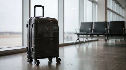 Valise cabine GYL Citadine anthracite posée dans une salle d'embarquement au petit matin