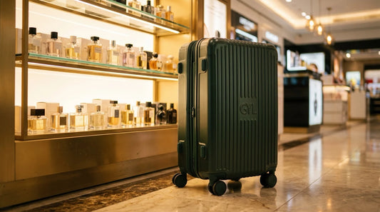 Valise cabine GYL vert sapin devant un comptoir de parfums en boutique duty free d'aéroport