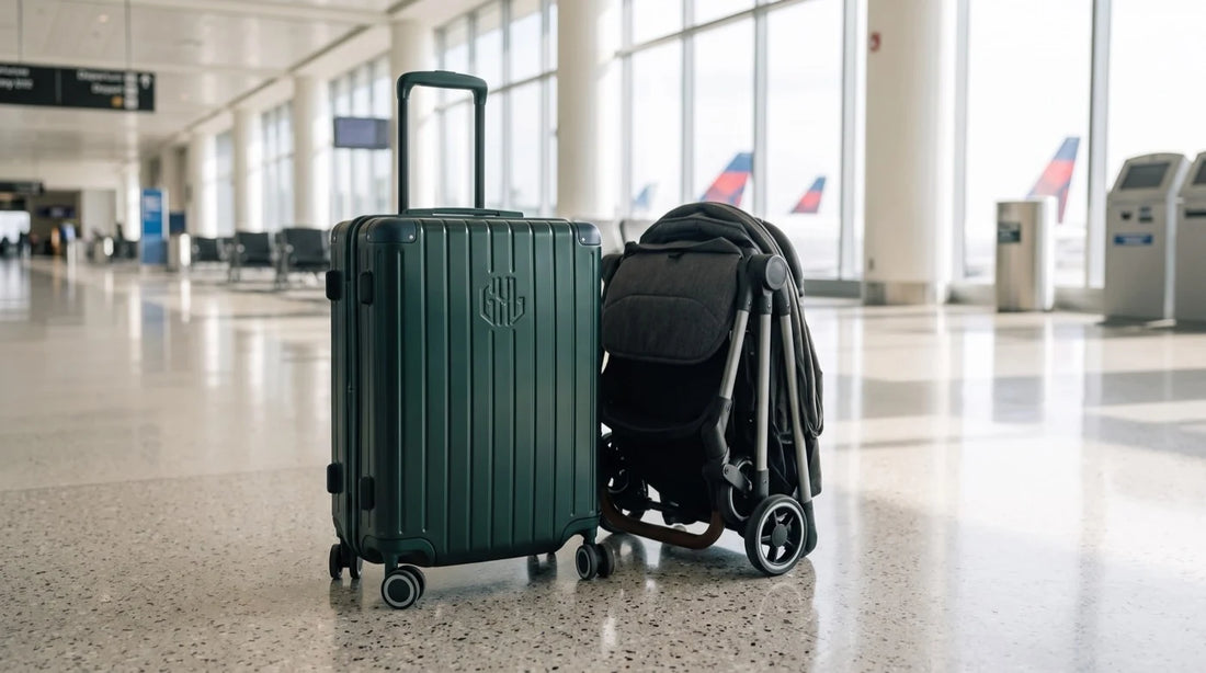 Valise cabine GYL vert sapin et poussette de voyage pliée dans un hall d'aéroport lumineux