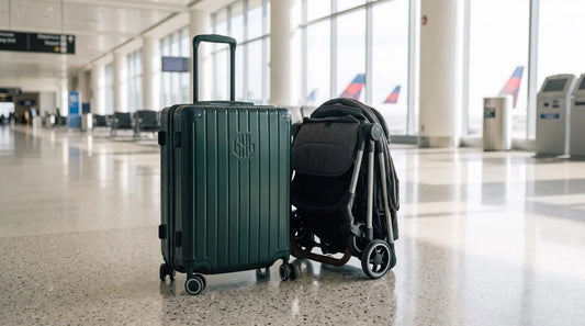 Valise cabine GYL vert sapin et poussette de voyage pliée dans un hall d'aéroport lumineux