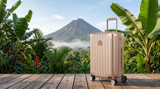 Valise cabine GYL Intemporelle champagne sur une terrasse face au volcan Arenal au Costa Rica