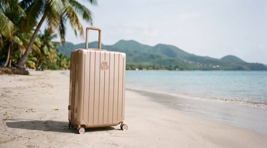 Valise GYL champagne sur une plage de Guadeloupe