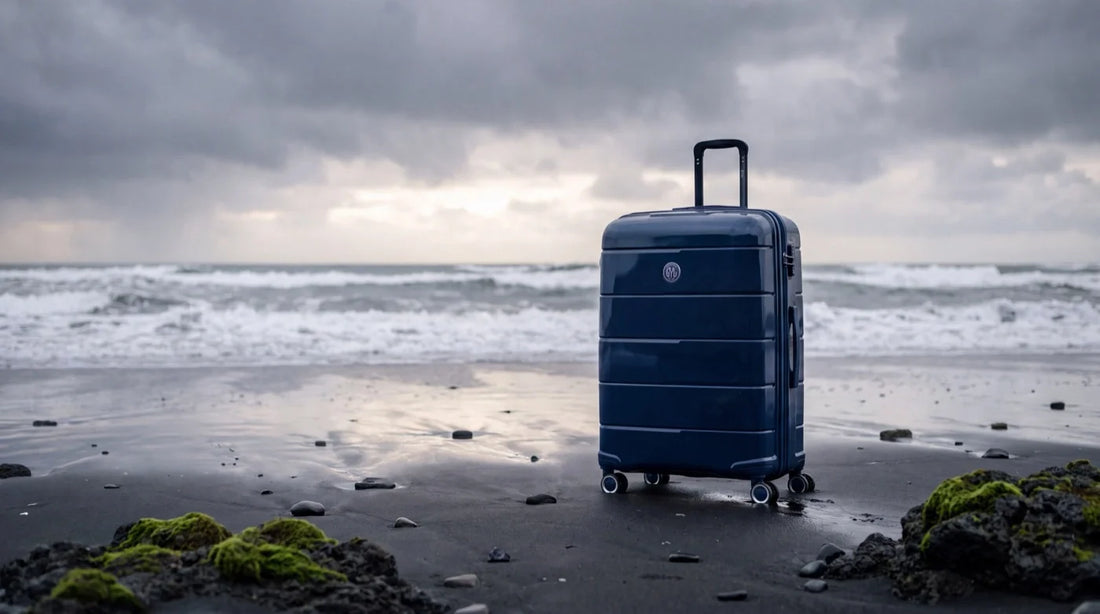 Valise GYL bleu marine sur une plage de sable noir en Islande
