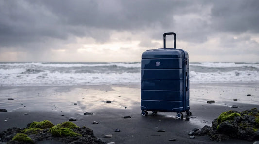 Valise GYL bleu marine sur une plage de sable noir en Islande