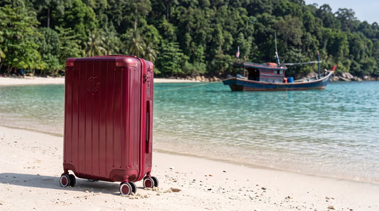 Valise cabine GYL Intemporelle rouge fonce sur une plage des iles Perhentian en Malaisie